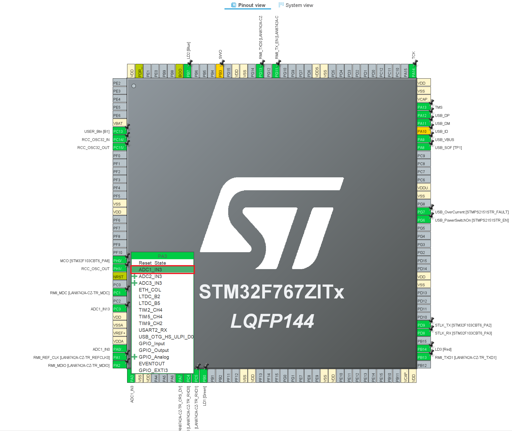 Pin map configuration for Analog Input resource in STM32 CubeMX configuration software