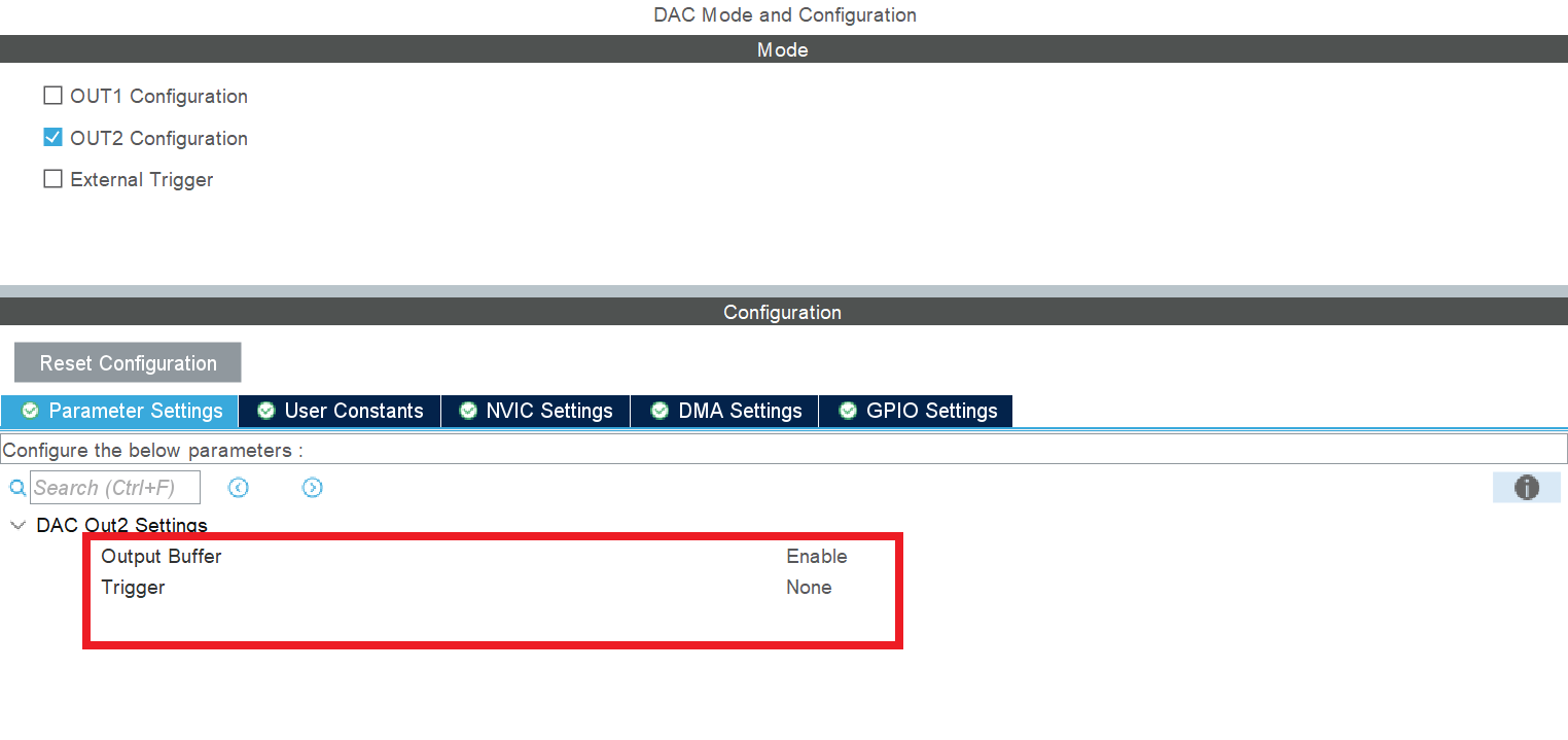 Configuration options for Analog Output resource in STM32 CubeMX configuration software