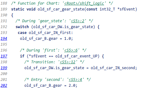 Generated function for a Stateflow chart with hyperlinks in the comments for the gear states.