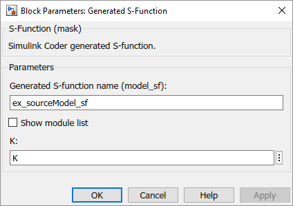Block parameter dialog box for generated S-Function that shows parameter by variable name