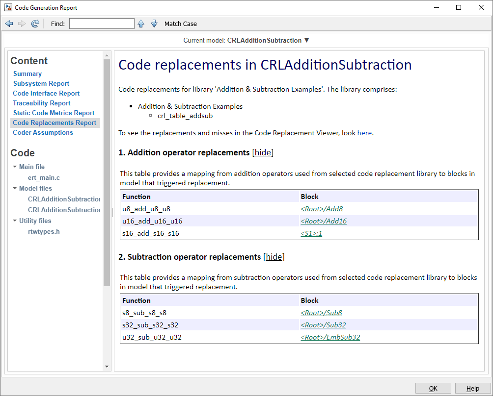 Code replacements report for CRLAdditionSubtraction model.