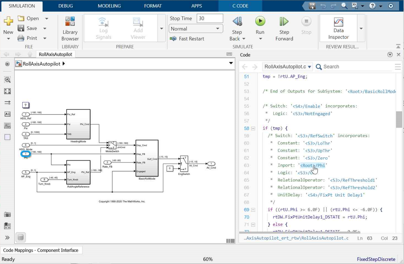 Code view containing generated code is open next to the model. Mouse cursor is placed over a comment and the corresponding block is highlighted in the model.