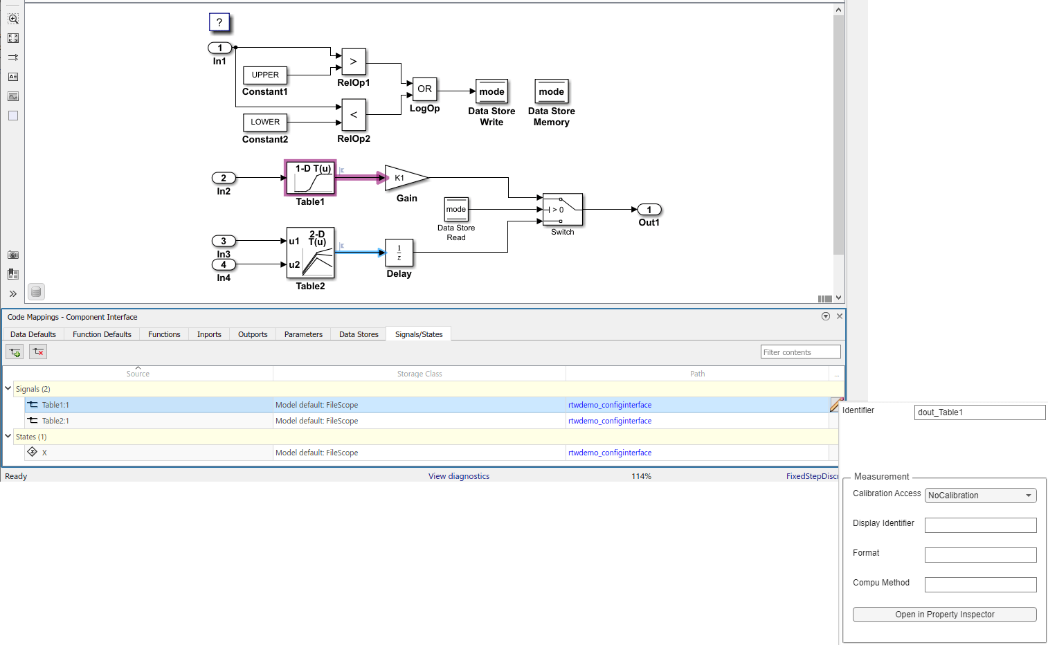 Code Mappings editor with Signals/States tab selected, Signals tree node expanded, and storage class for signals Table1:1 and Table2:1 set to Model default: FileScope. Mapping Inspector shows Identifer property for signal Table1:1 set to dout_Table1.