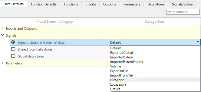 Code Mappings editor with Data Defaults tab selected, Signals tree node expanded, and storage class for Signals, states, and internal data set to FileScope.