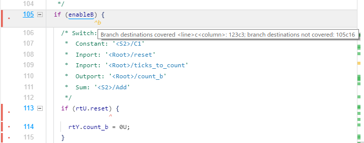 Code showing LDRA coverage annotations.