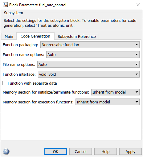 The Code Generation tab additionally displays these parameters: Function name options, File name options, Function interface, Function with separate data, Memory section for initialize/terminate functions, and Memory section for execution functions.