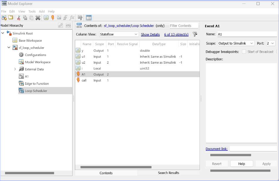 Model Explorer with the A1 event highlighted in the center pane.