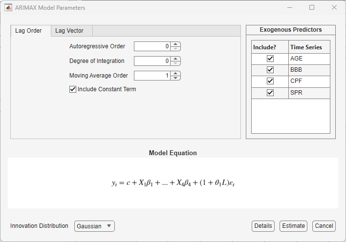 ARIMAX Model Parameters dialog box showing parameter settings with the "Details". "Estimate", and "Cancel" buttons at the bottom right corner of the dialog box.