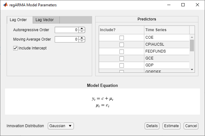 Screen shot of the regARMA Model Parameters dialog box showing parameter settings. The "Include Intercept" check box is selected. "Details". "Estimate", and "Cancel" buttons are at the bottom right corner of the dialog box.