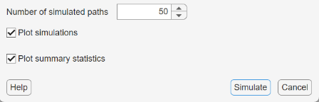 The Simulate Model Response dialog shows the following parameter settings: Number of simulated paths is 50, the Plot simulations and Plot summary statisttics boxes are checked,