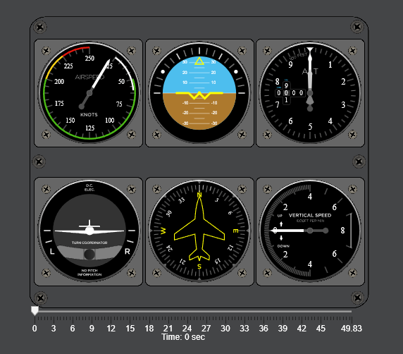 Figure Flight Instruments contains an axes object and other objects of type uiaeroaltimeter, uiaeroheading, uiaeroairspeed, uiaerohorizon, uiaeroclimb, uiaeroturn, uislider, uilabel. The hidden axes object contains an object of type image.