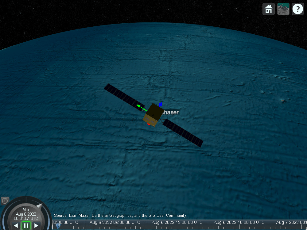 Satellite scenario viewer of reoriented chaser for second rendezvous