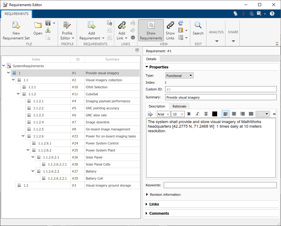 Requirements Editor showing additional requirements decomposed from the top-level requirement to create a hierarchy of requirements for the architecture.