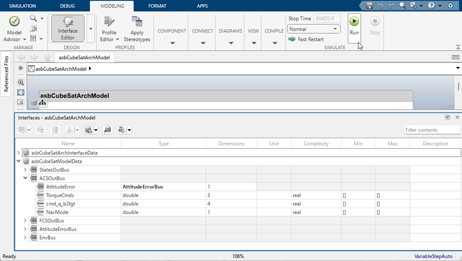 The Interface Editor showing data interfaces and data elements