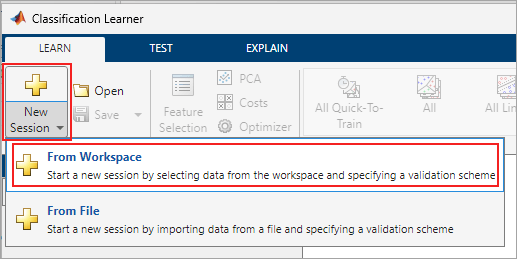 Figure shows how to click on new session and then click on "From Workspace".