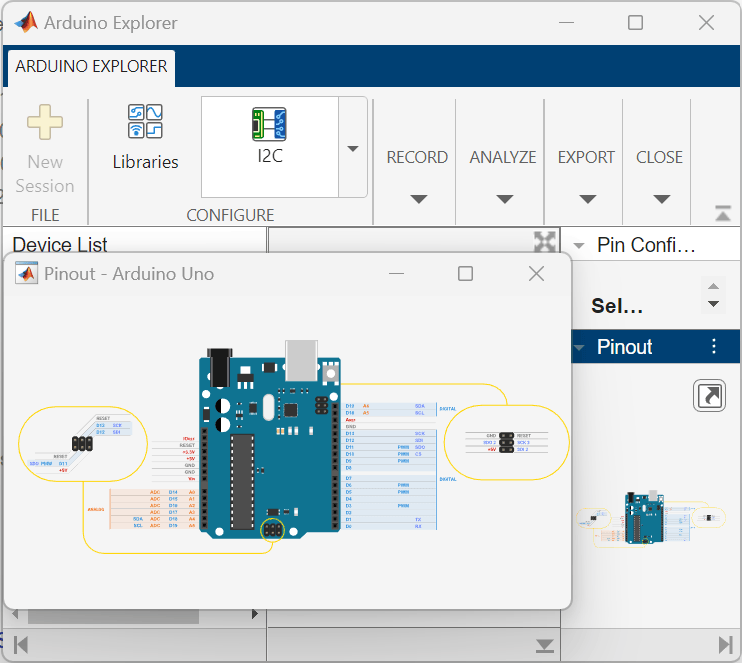 Figure shows the Pinout panel.