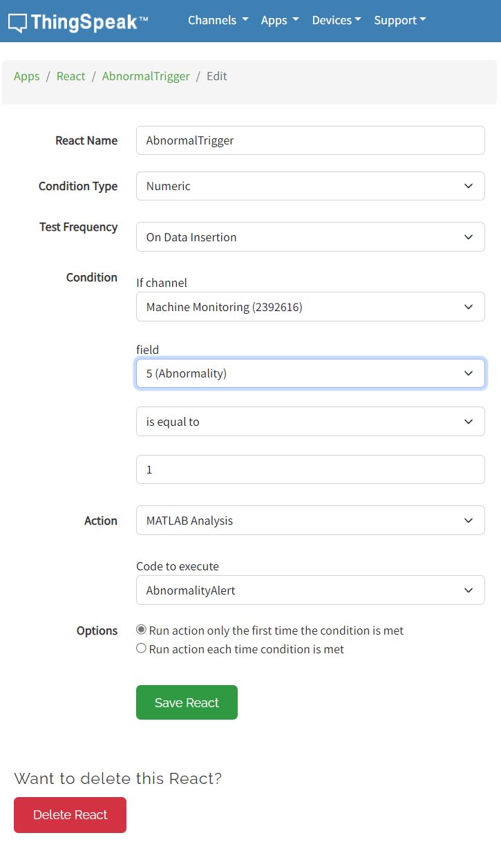 Figure shows how to set up an email alert for when any abnormality is detected, on the Apps tab in ThingSpeak.