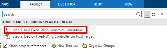 Step 1: Run Fixed-Wing Dynamics Simulation shortcut in the Shortcuts menu of the Projects section.
