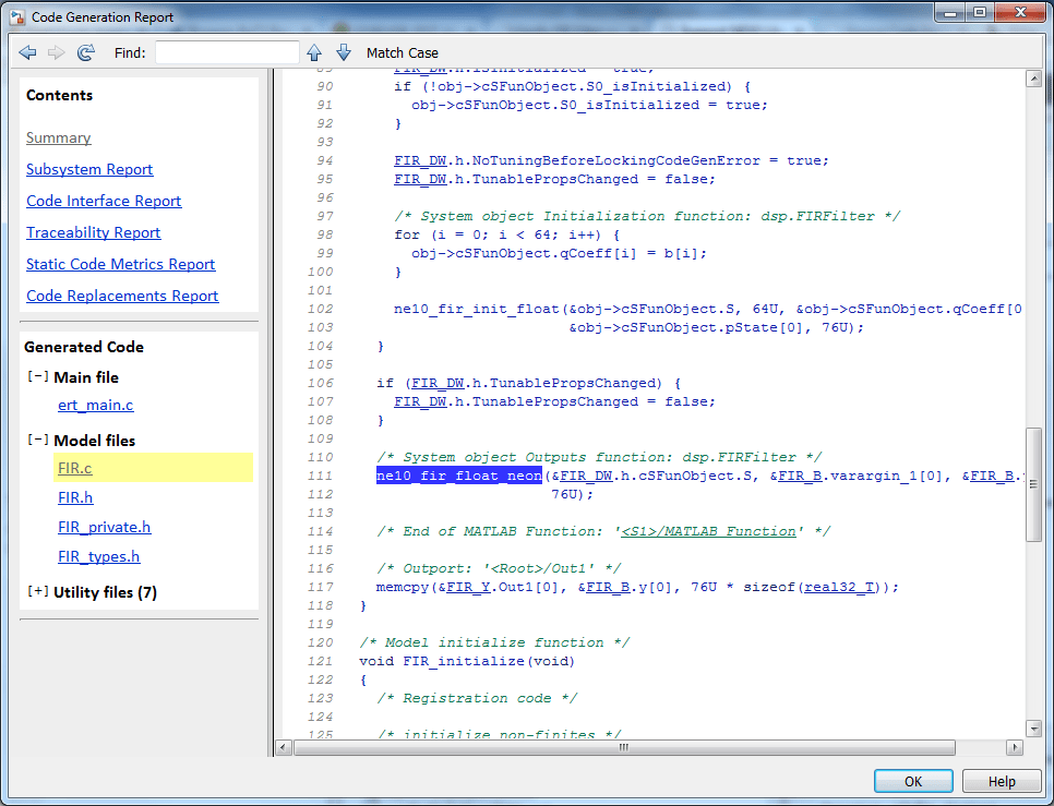 Support NE10 Library C Code Generation of dsp.FIRFilter in MATLAB Function Block
