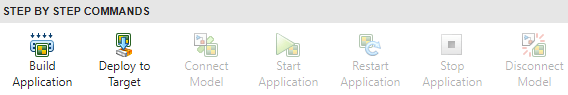 Matlab toolbar showing step‑by‑step commands for model deployment, including Build Application, Deploy to Target, Connect Model, Start Application, Restart Application, Stop Application, and Disconnect Model.