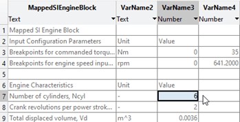Table of engine parameters: torque/speed breakpoints, 6 cylinders, 2 strokes, volume 0.0036 m³.