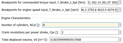 Torque and speed breakpoints, 8 cylinders, 2 strokes, displaced volume 0.0036 m³.