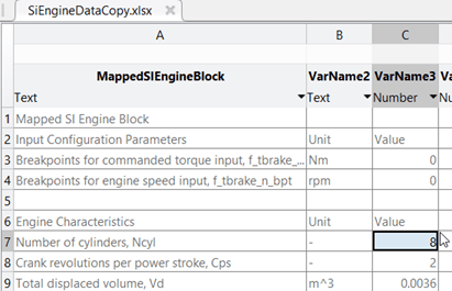 Spreadsheet of engine parameters: torque/speed breakpoints, 8 cylinders, 2 strokes, volume 0.0036 m³.
