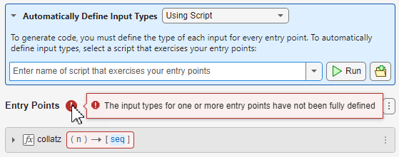 Entry Points tab, showing an error because input types are not defined.