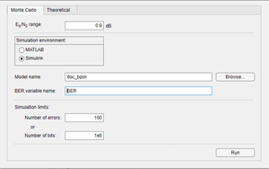 Parameter settings on the Monte Carlo tab of the Bit Error Rate Analysis app