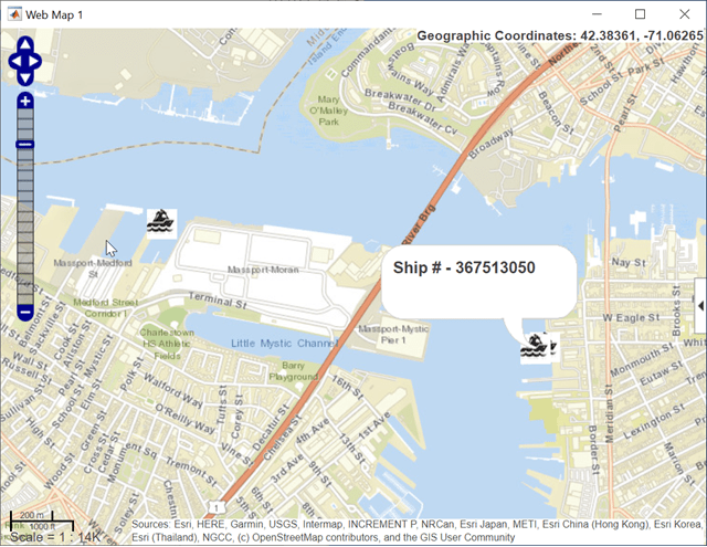 Map of Boston Harbor showing AIS tracked ships.