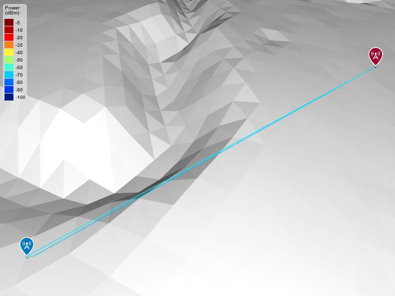 Transmitter and receiver sites plotted over lunar terrain. Two propagation paths connect the sites.