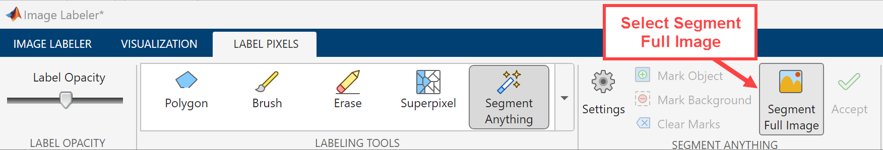 Select Segment Full Image on the Segment Anything toolstrip to segment the entire image and select regions to assign ROI pixel labels to.