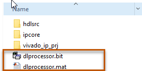 File explorer showing dlhdl_prj folder with hdlsrc, ipcore, and vivado_ip_prj subfolders, and dlprocessor.bit and dlprocessor.mat files highlighted