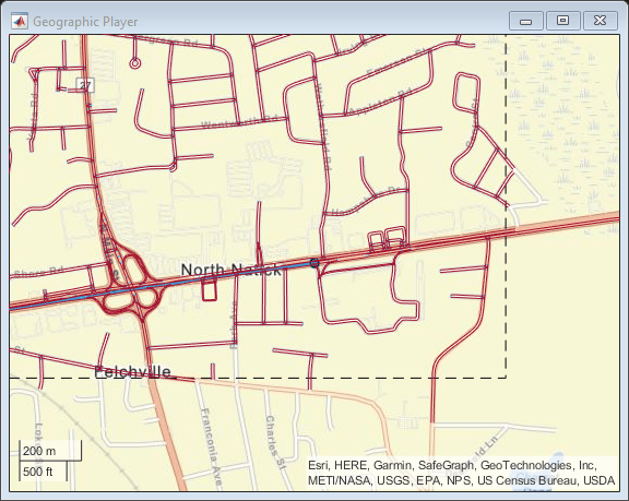 Figure Geographic Player contains an axes object with type geoaxes. The geoaxes object contains 8 objects of type line, scatter, text. One or more of the lines displays its values using only markers These objects represent Boundaries, Lane Group Connectors, Lane Groups.