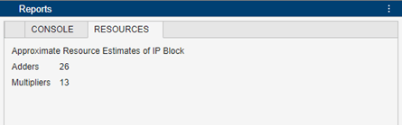 Resources tab showing that the filter implementation uses 26 adders and 13 multipliers