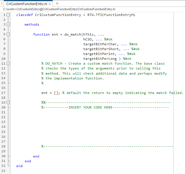 Automatically generated class file that defines the class CrlCustomFunctionEntry. The do_match method of the class contains a section to insert your custom code.