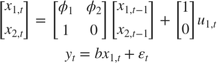 $$\begin{array}{l}
\left[ {\begin{array}{*{20}{c}}
{{x_{1,t}}}\\
{{x_{2,t}}}
\end{array}} \right] = \left[ {\begin{array}{*{20}{c}}
{{\phi _1}}&{{\phi _2}}\\
1&0
\end{array}} \right]\left[ {\begin{array}{*{20}{c}}
{{x_{1,t - 1}}}\\
{{x_{2,t - 1}}}
\end{array}} \right] + \left[ {\begin{array}{*{20}{c}}
1\\
0
\end{array}} \right]{u_{1,t}}\\
{y_t} = b{x_{1,t}} + {\varepsilon _t}
\end{array}$$