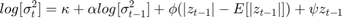 $$log[\sigma^2_t] = \kappa + \alpha log[\sigma^2_{t-1}] + \phi (|z_{t-1}| - E[|z_{t-1}|]) + \psi z_{t-1}$$