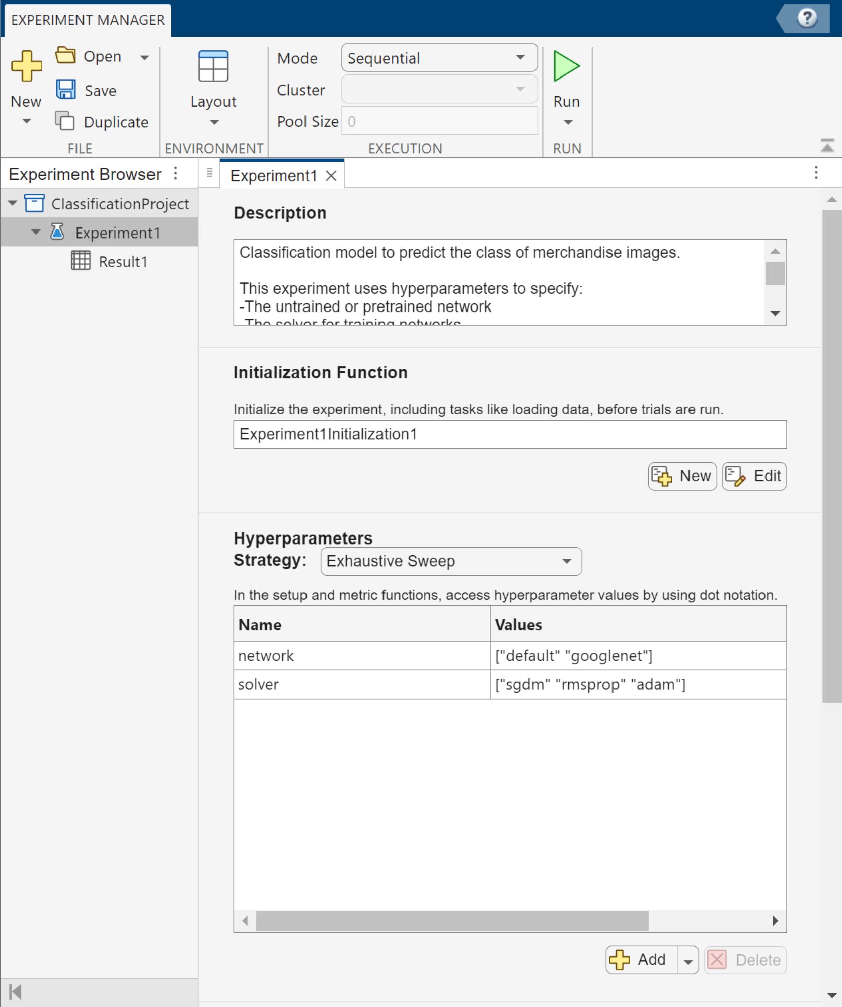 Experiment Manager app showing the configuration details for a classification experiment