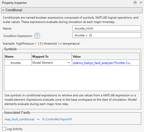 The conditional properties in the Property Inspector. The conditional is assigned to the output of the throttle.