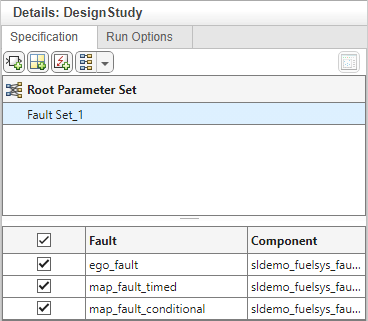 The design study details. The fault set includes three faults, and they are each selected.
