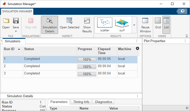 The Simulation Manager results. Multiple Simulations generated three simulates that completed. The first simulation is selected.