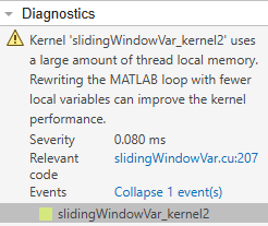 Diagnostic recommending rewriting the MATLAB loop with fewer local variables to improve kernel performance