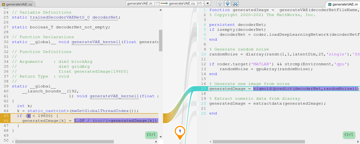 The Code pane with MATLAB code and its corresponding CUDA code highlighted