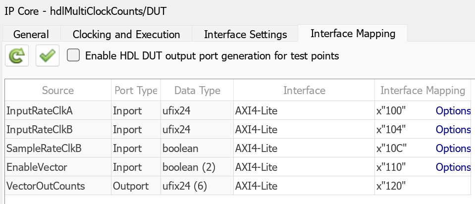 Interface Mapping tab showing DUT ports mapped to AXI4-Lite interfaces with address offsets
