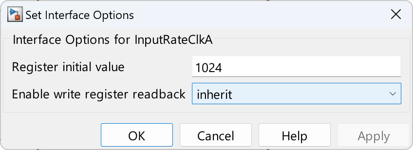 Set Interface Options dialog for InputRateClkA with Register initial value set to 1024