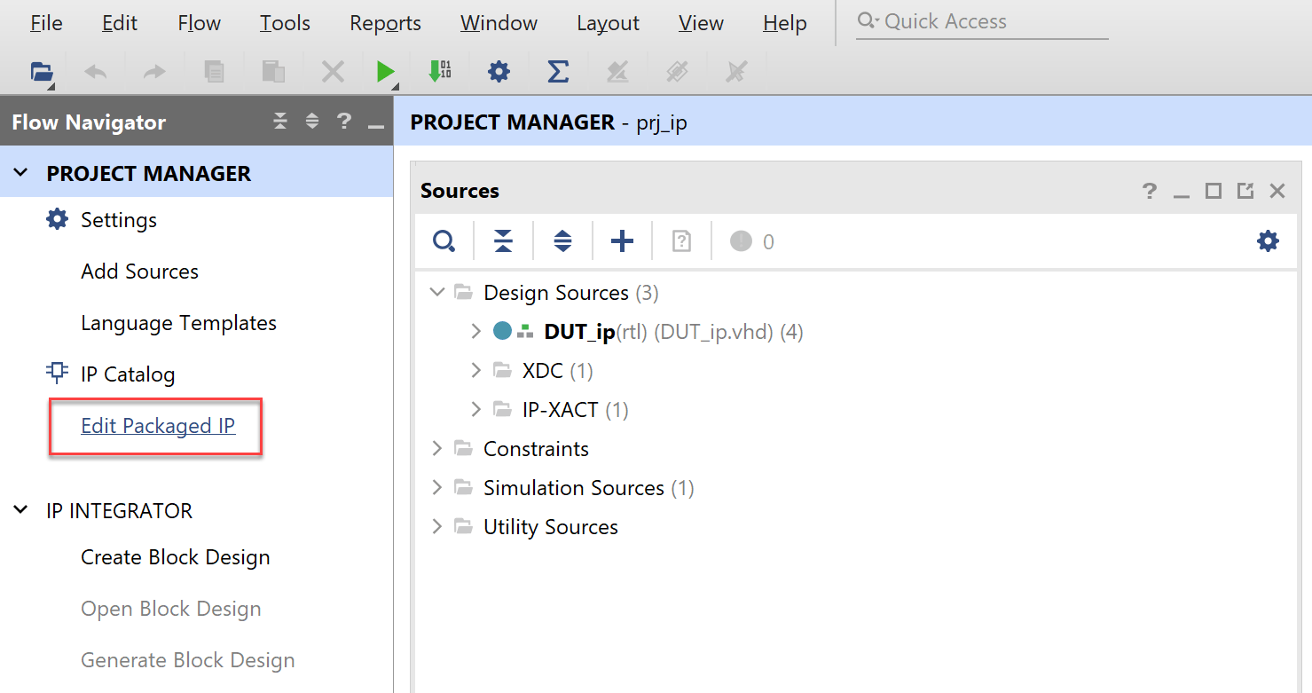 Vivado Project Manager with Edit Packaged IP option highlighted in the Flow Navigator