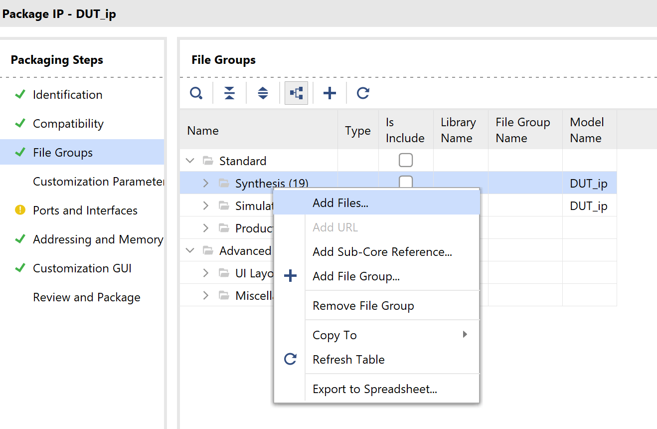 Vivado IP Packager File Groups pane with right-click context menu showing Add Files option on Synthesis group