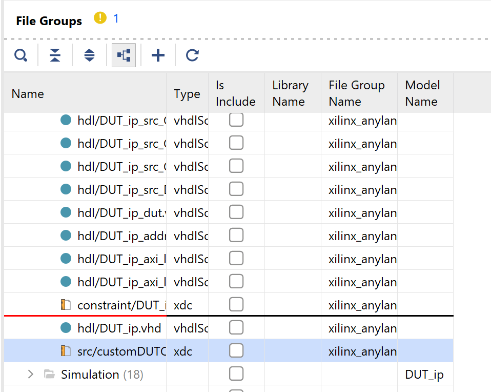 File Groups list showing customDUTCDC.xdc placed before the last HDL code file