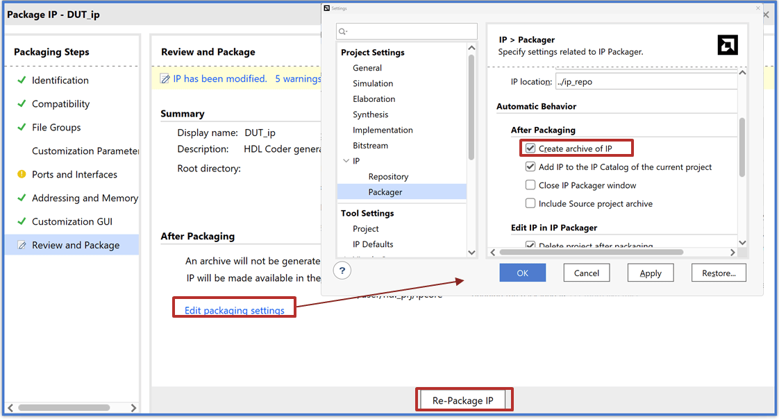 Review and Package step with Edit packaging settings and Re-Package IP options highlighted